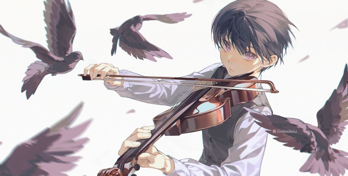 Boy playing violin surrounded by birds