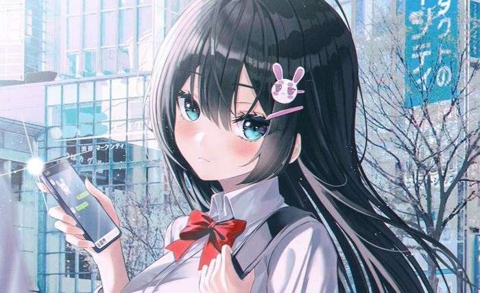 Girl holding a smartphone with a bunny icon