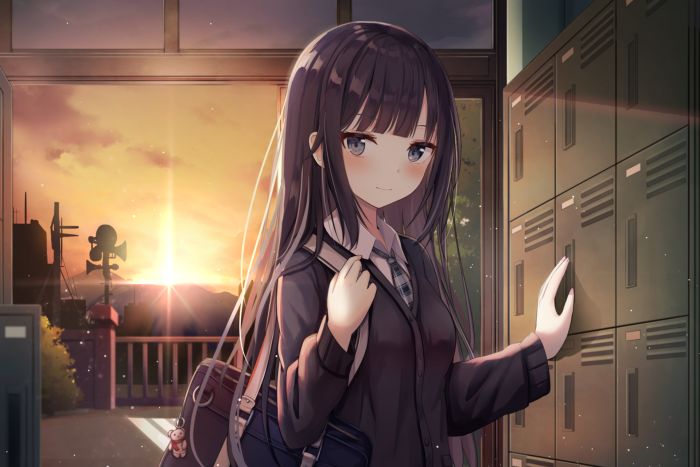 Anime girl in school uniform by lockers at sunset