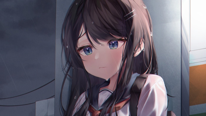 Sad anime girl in the rain