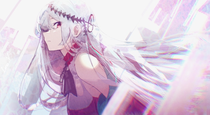 Arknights character with white hair and red eyes