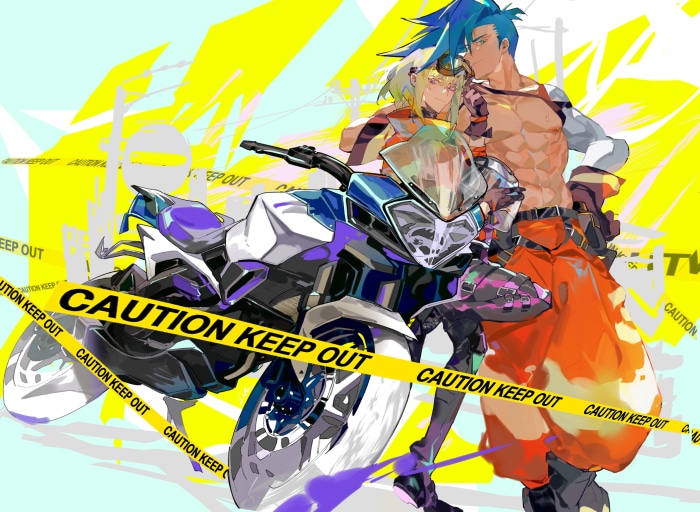 Galo Thymos and Lio Fotia from Promare with a motorcycle