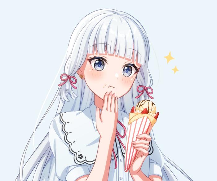 Kamisato Ayaka from Genshin Impact eating a crepe