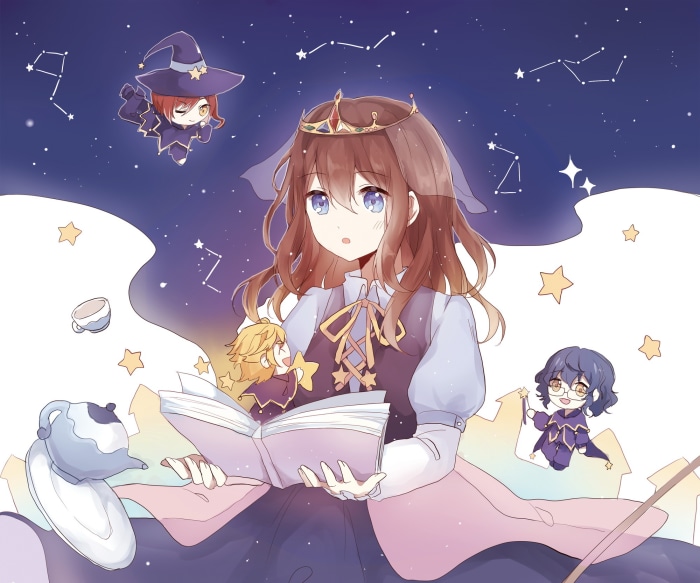 Anzu from Ensemble Stars! reading a book with magical creatures