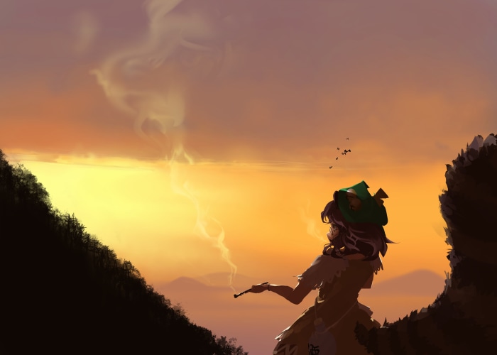 Mamizou Futatsuiwa from Touhou smoking a pipe at sunset