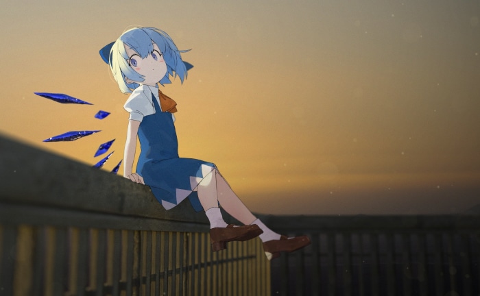 Cirno from Touhou sitting on a railing at sunset