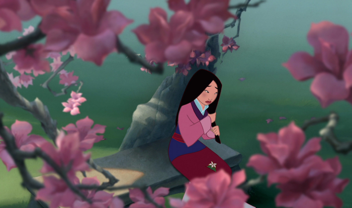 Mulan sitting under a cherry blossom tree