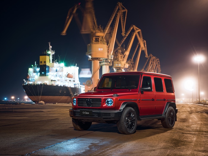 Red Mercedes-Benz G-Class at a Port at Night