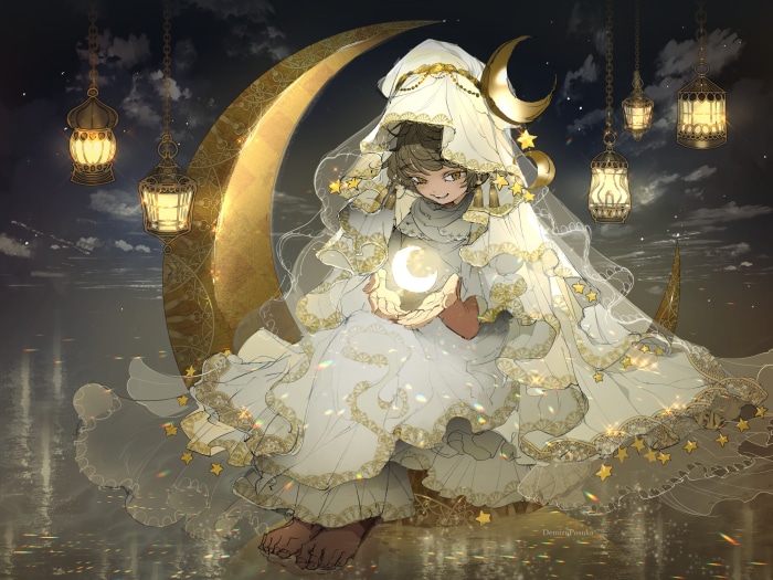 Girl in white dress sitting on a crescent moon