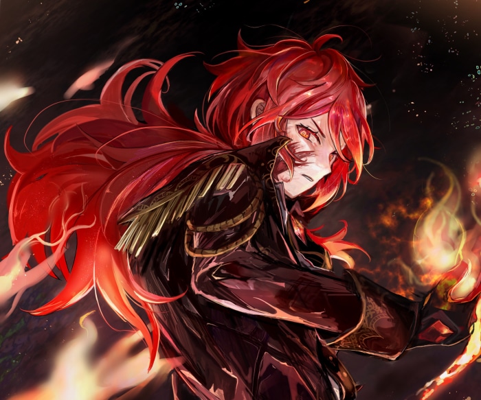 Diluc from Genshin Impact with fire