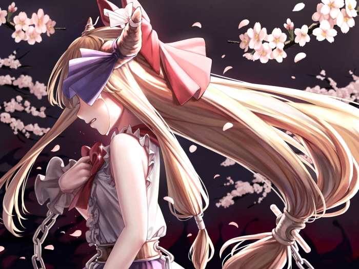 Suika Ibuki from Touhou crying under cherry blossoms