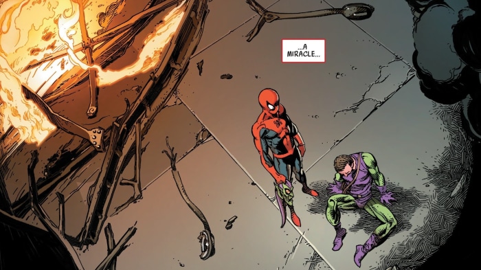 Spider-Man and Green Goblin in a burning wreckage