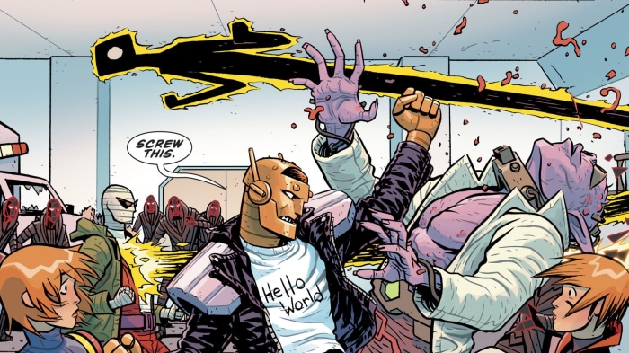 Robotman and Negative Man from Doom Patrol fighting