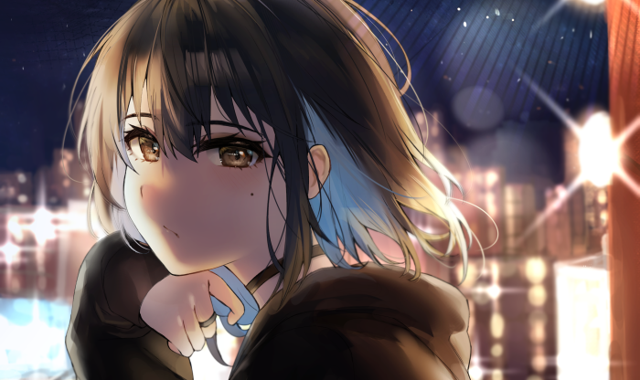 Anime girl with blue streaks in hair at night