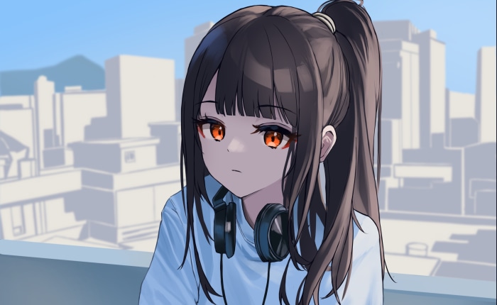 Anime girl with headphones looking away