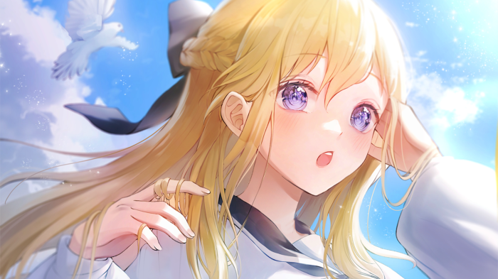 Girl with blonde hair and purple eyes