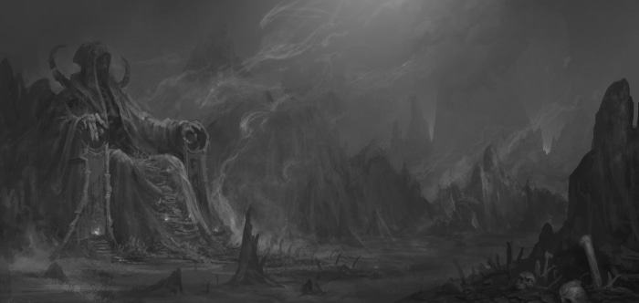 Grim figure on a throne in a desolate landscape