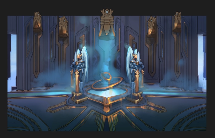 Angelic statues in a grand hall from World of Warcraft 4K