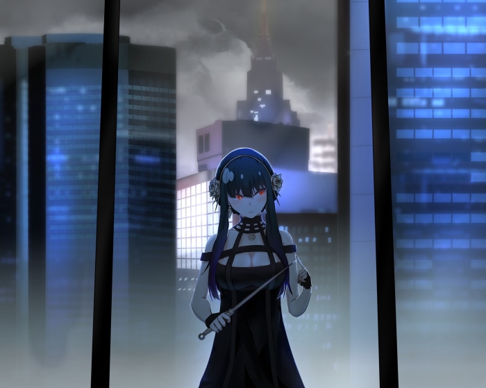 Yor Forger from Spy X Family in a city at night