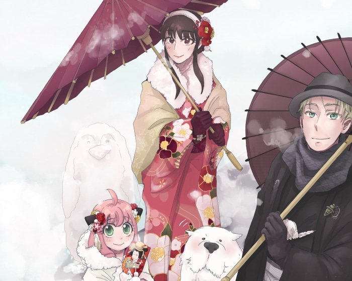 Spy X Family characters in winter attire with umbrellas