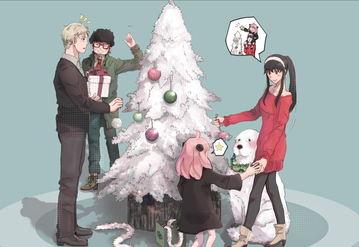 Spy X Family characters decorating a Christmas tree