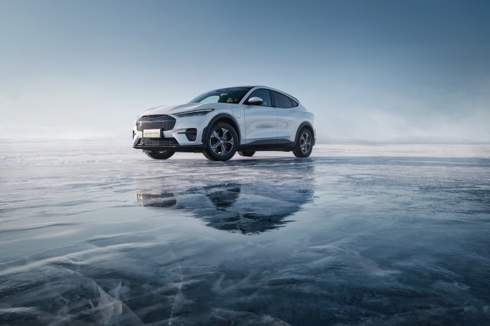 White Ford Mustang Mach-E 4K on Ice