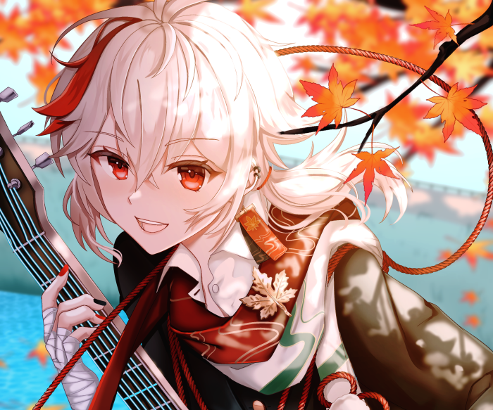 Kaedehara Kazuha from Genshin Impact with guitar and maple leaves