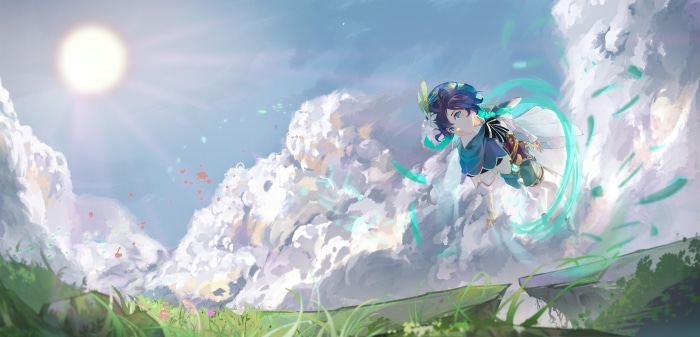 Venti from Genshin Impact flying in the sky