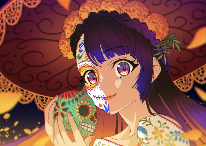 Girl with Sugar Skull Makeup Holding a Sugar Skull