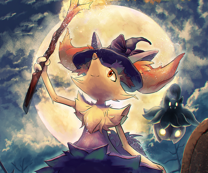 Braixen and Pumpkaboo from Pokémon in front of a full moon