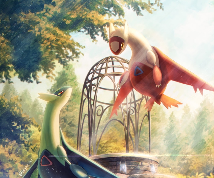 Latios and Latias from Pokémon in a garden
