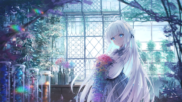 Anime girl with white hair holding flowers in greenhouse