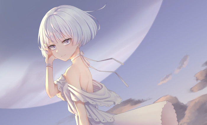 Girl in white dress against a purple sky