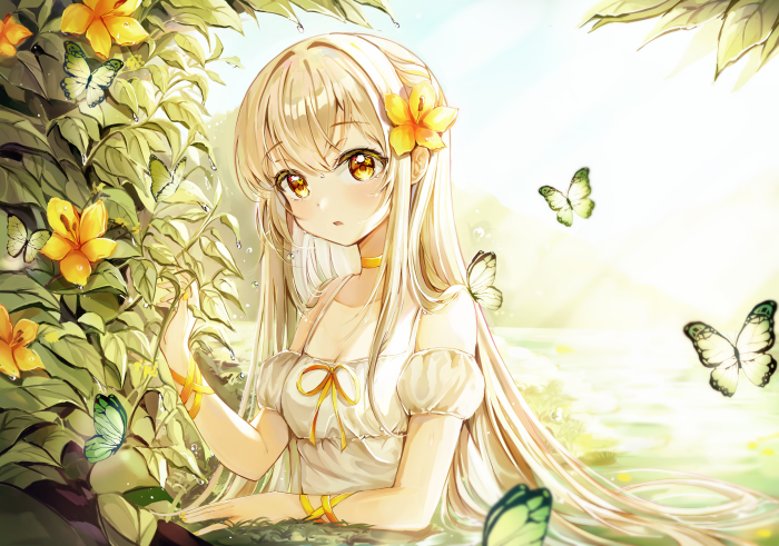 Anime girl with blonde hair and yellow flower in garden with butterflies