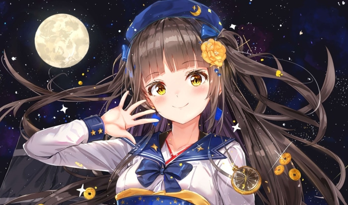 Anime girl with brown hair and yellow eyes in space