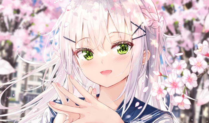 Anime girl with white hair and green eyes