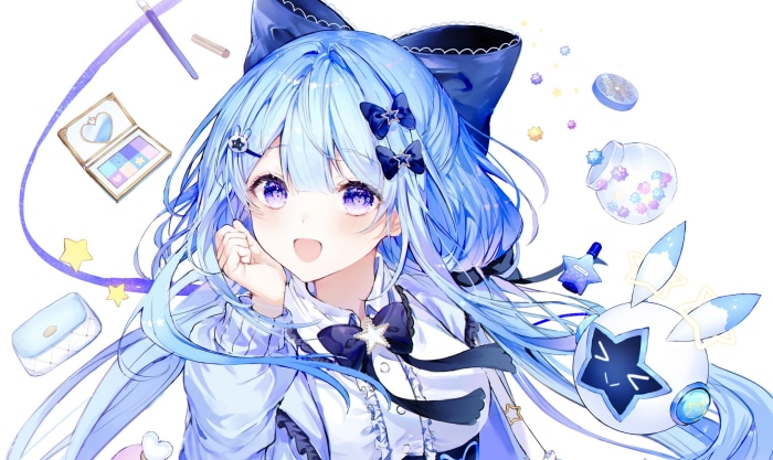 Blue-haired anime girl with makeup and robot companion