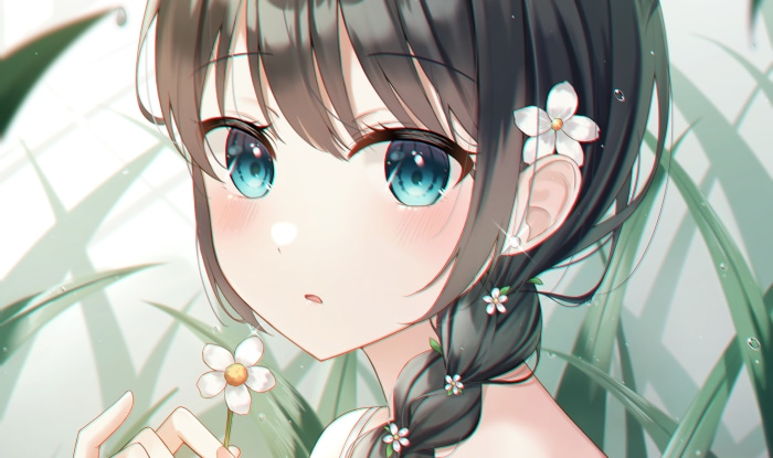 Anime girl with blue eyes and flowers in hair