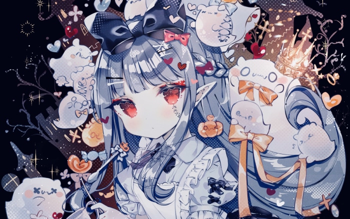 Anime girl with ghosts and Halloween decorations