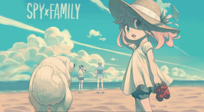 Anya Forger and Bond from Spy x Family on the beach