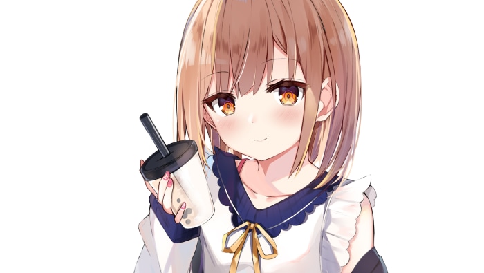 Anime girl with brown hair holding a bubble tea