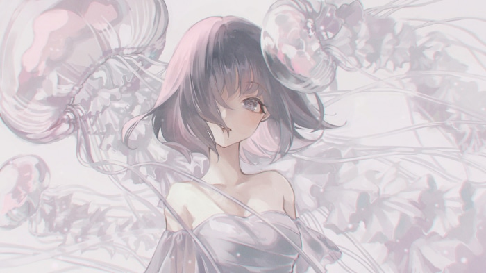 Girl with pink and black hair surrounded by jellyfish