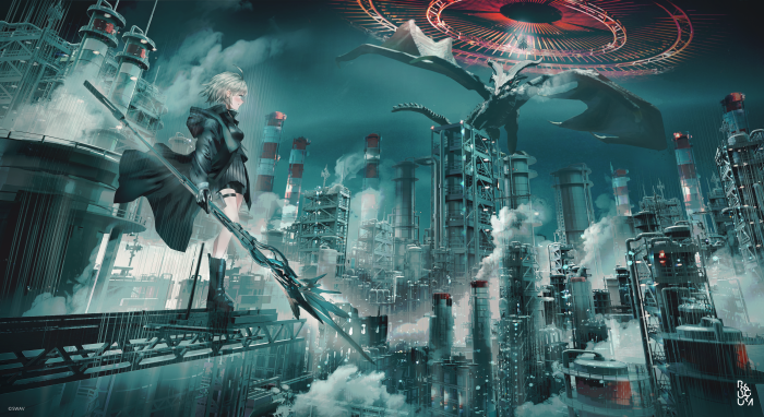 Girl with a spear and a dragon in a futuristic industrial city