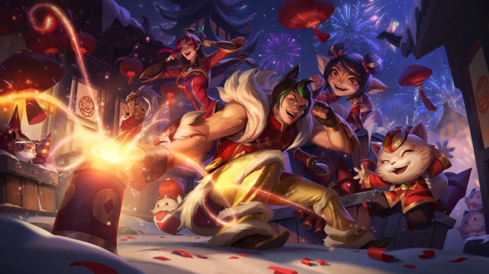 League of Legends Lunar New Year characters celebrating with fireworks
