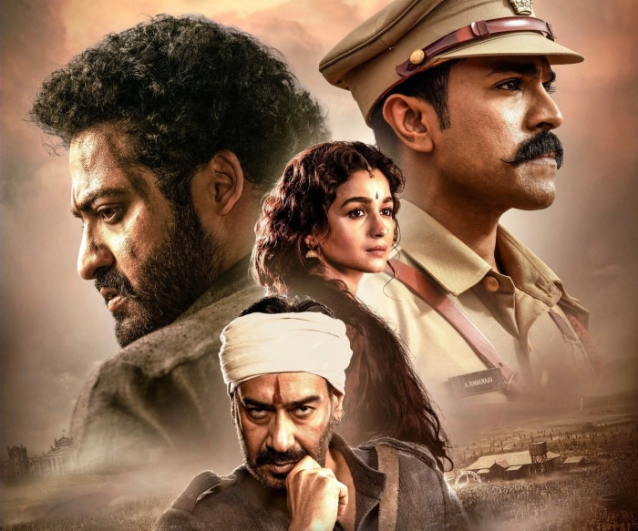 RRR movie poster with Ram Charan, Jr. NTR, Alia Bhatt, Ajay Devgn