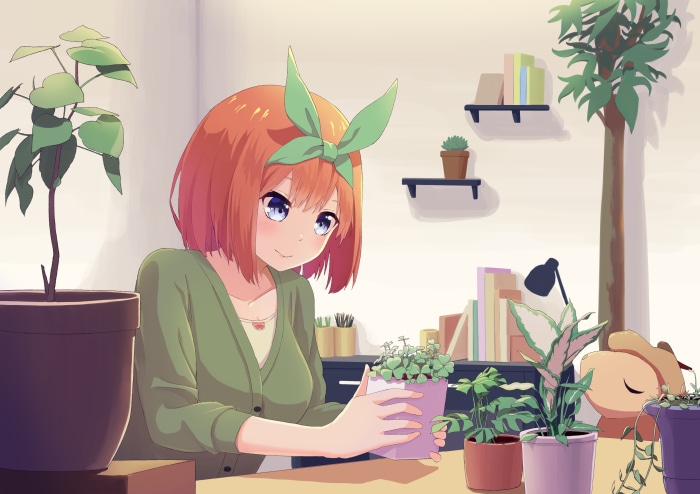 Yotsuba Nakano from The Quintessential Quintuplets tending to plants