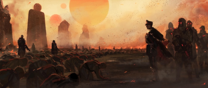 Rebel Moon soldiers kneeling before a commander