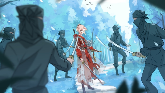 Sakura Haruno surrounded by ninjas in a forest