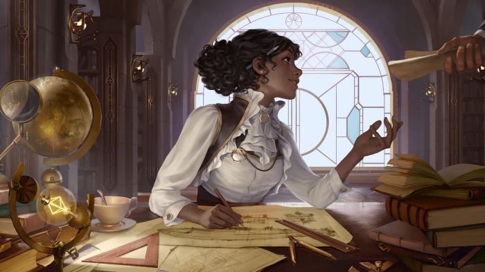 Woman drawing blueprints in a study with a globe