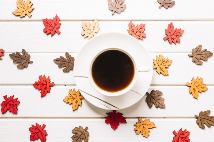Coffee cup on saucer surrounded by autumn leaves